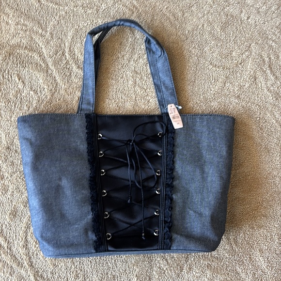 Victoria’s Secret Gray and Black Tote with Corset Lacing - Picture 2 of 12